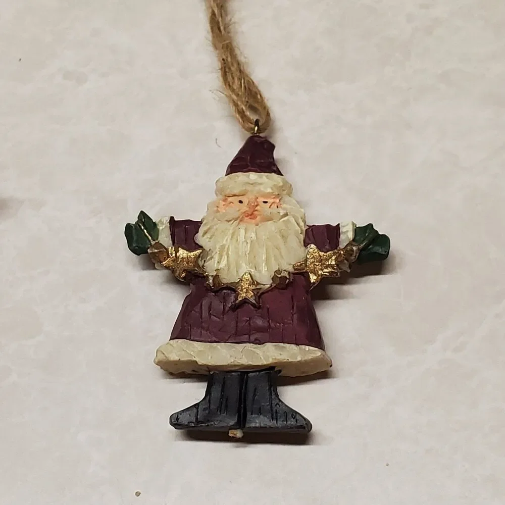 Set Of Three Resin Christmas Ornaments  Santa Rocking Horse And Snowman Jute